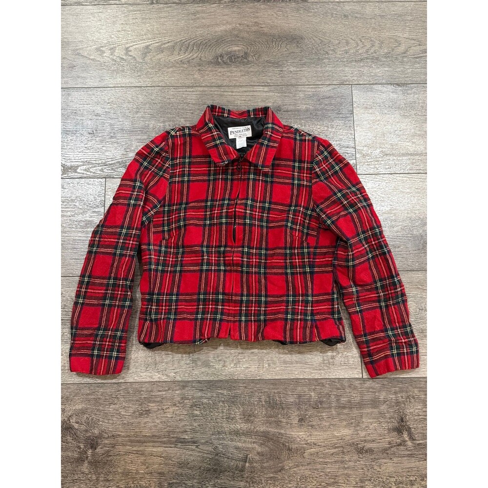 Vintage 80s Pendleton Womens XS Red Tartan Plaid 100% Virgin Wool Cropped Jacket